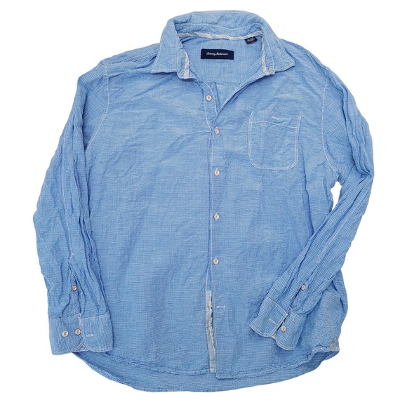 Tommy Bahama Blue Checked Long Sleeve Linen Blend Men's XL Prep‎ Flip Neck Cuffs - Picture 1 of 4